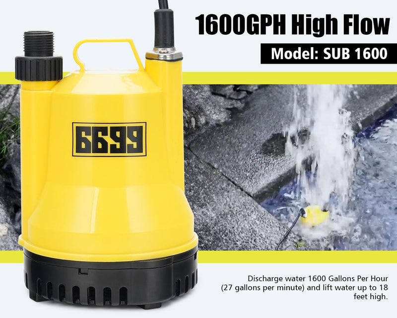 6699 Submersible Water Pump 1/4 HP 1600GPH Thermoplastic Utility Pump Electric Portable Transfer Water Pump with 10-Foot Cord for Pool Tub Garden Pond Draining - Image 2
